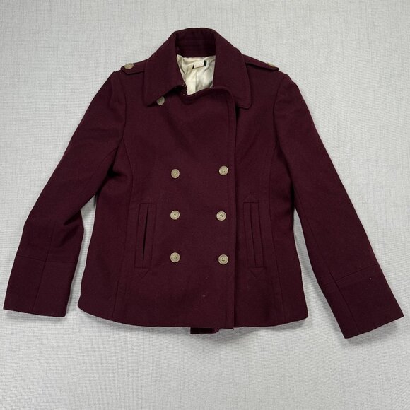J. Crew Factory Burgundy Wool Double Breasted Coat Button Front Size L Large - Picture 1 of 13
